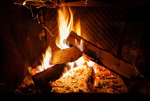 A cozy living room with a lit fireplace, a safety screen, and properly stacked firewood.